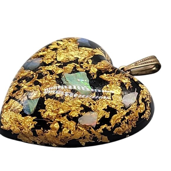 Heart Shaped Floating Gold MOP Pendant Translucent Semi Precious Flakes - Picture 5 of 7